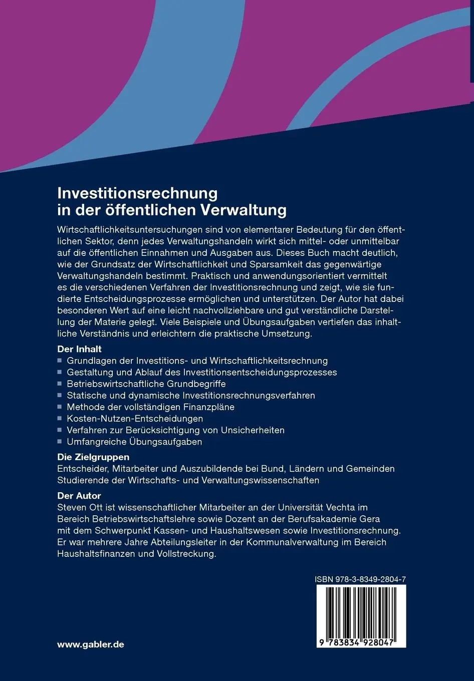 Rückseite: 9783834928047 | Investitionsrechnung in der öffentlichen Verwaltung | Steven Ott