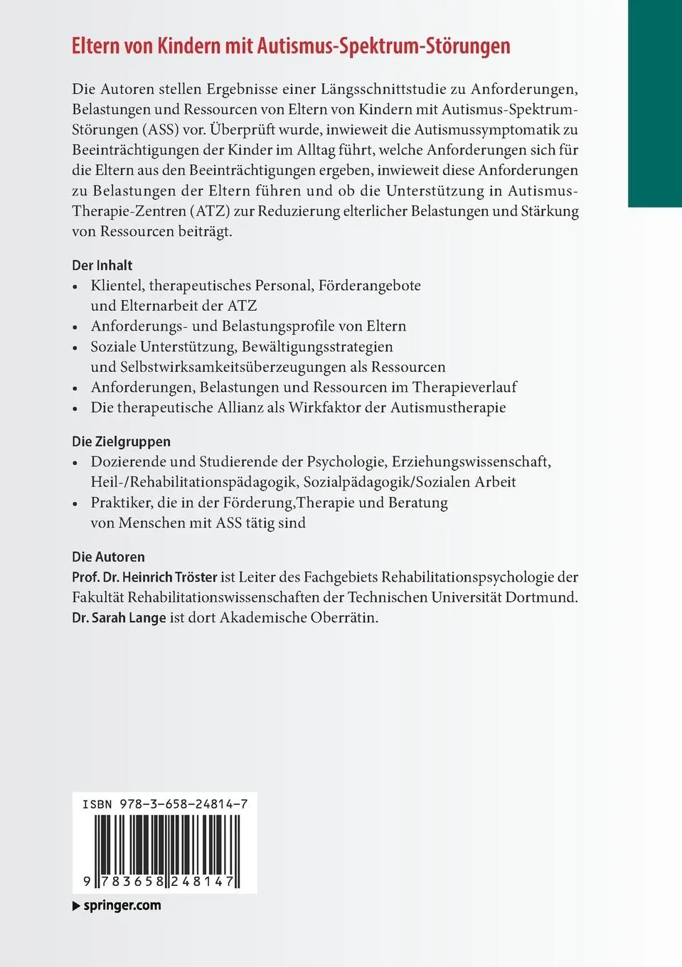 Rückseite: 9783658248147 | Eltern von Kindern mit Autismus-Spektrum-Störungen | Tröster (u. a.)