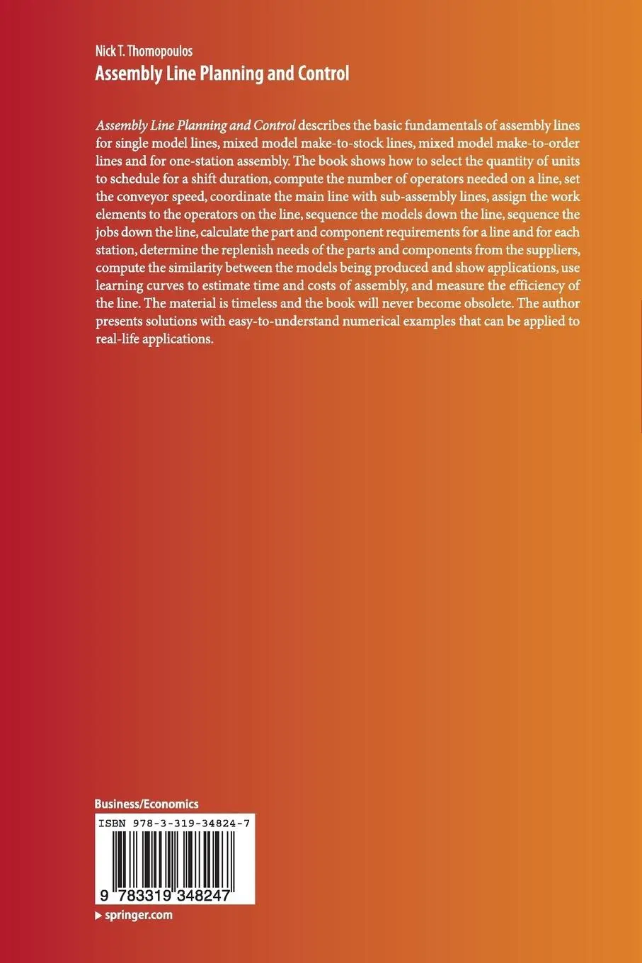 Rückseite: 9783319348247 | Assembly Line Planning and Control | Nick T. Thomopoulos | Taschenbuch