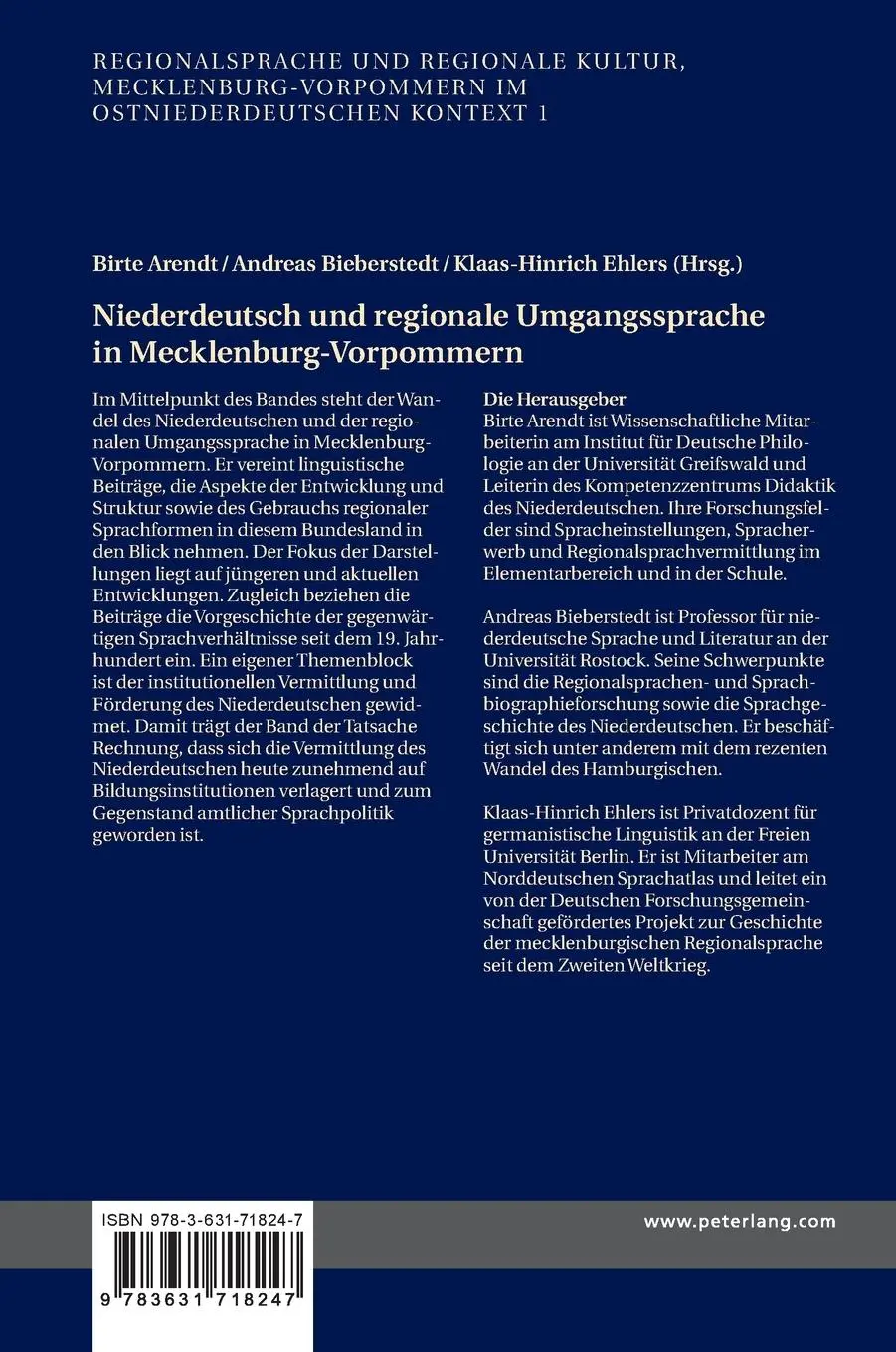 Rückseite: 9783631718247 | Niederdeutsch und regionale Umgangssprache in Mecklenburg-Vorpommern