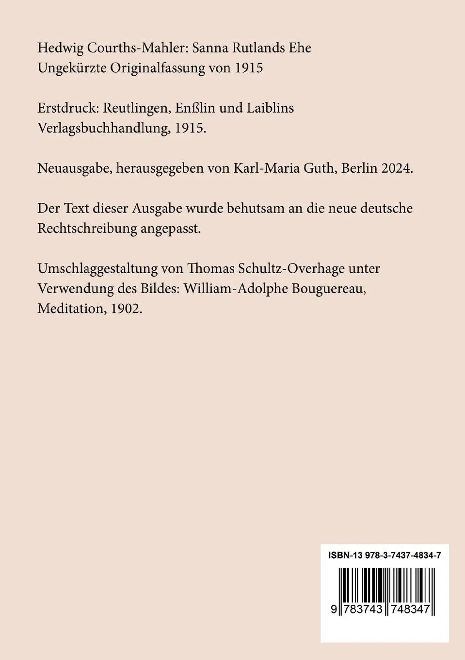 Rückseite: 9783743748347 | Sanna Rutlands Ehe | Ungekürzte Originalfassung von 1915 | Taschenbuch
