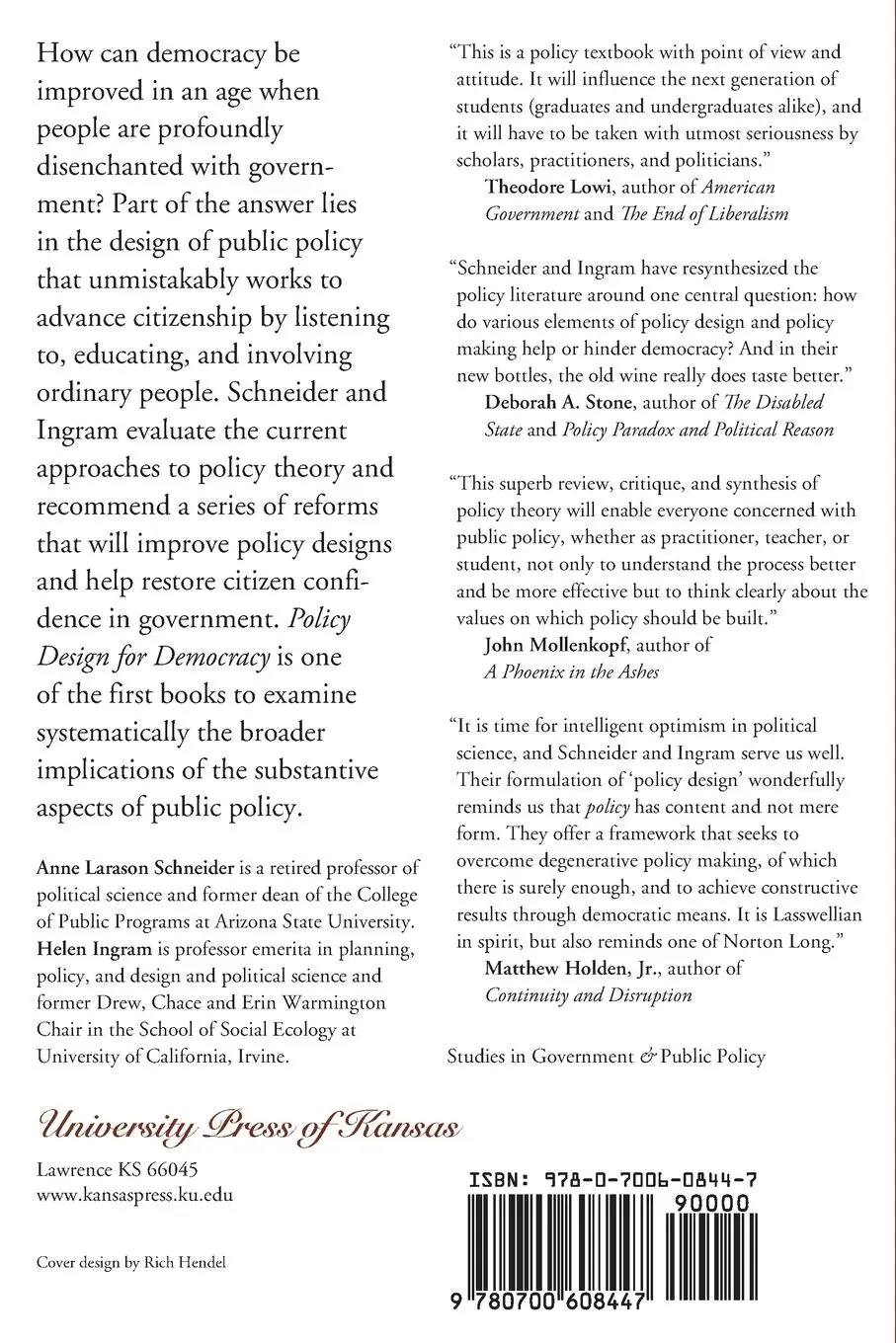 Rückseite: 9780700608447 | Policy Design for Democracy | Anne Larason Schneider (u. a.) | Buch