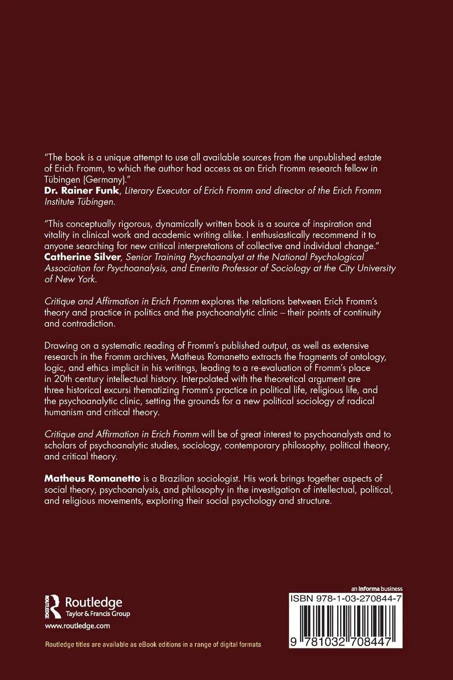 Rückseite: 9781032708447 | Critique and Affirmation in Erich Fromm | Matheus Romanetto | Buch