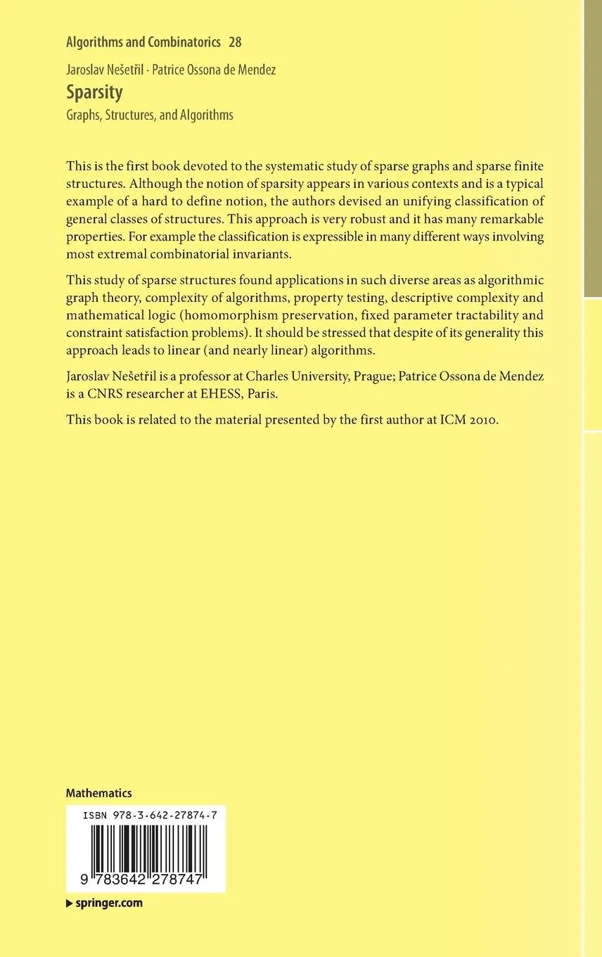Rückseite: 9783642278747 | Sparsity | Graphs, Structures, and Algorithms | Mendez (u. a.) | Buch
