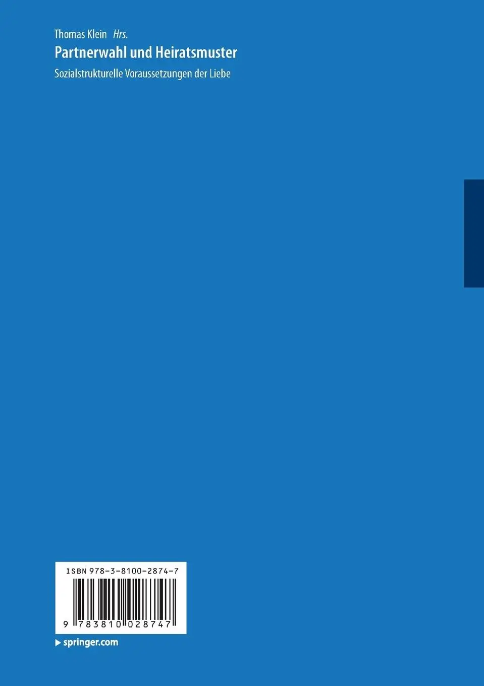 Rückseite: 9783810028747 | Partnerwahl und Heiratsmuster | Thomas Klein | Taschenbuch | 316 S.
