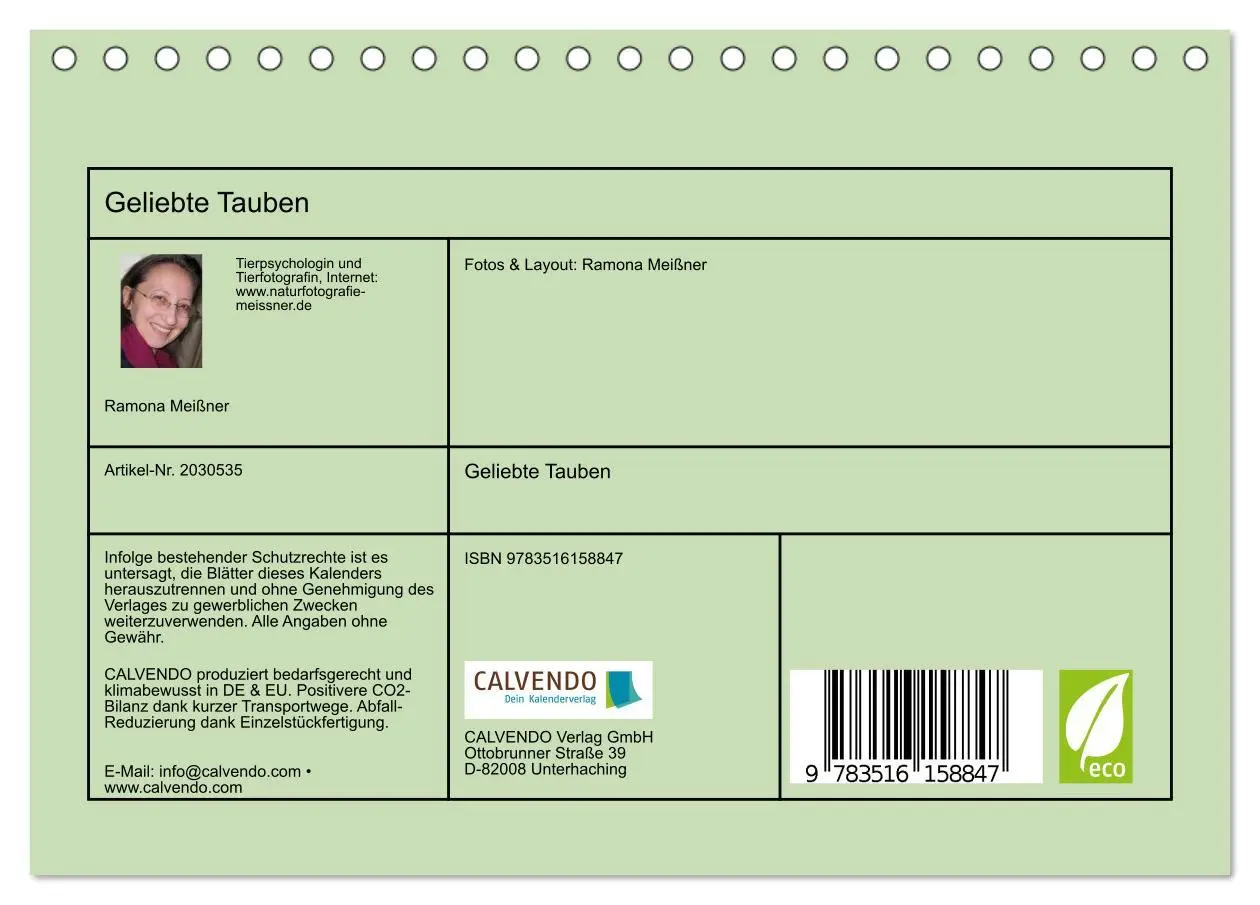 Bild: 9783516158847 | Geliebte Tauben (Tischkalender 2026 DIN A5 quer), CALVENDO...