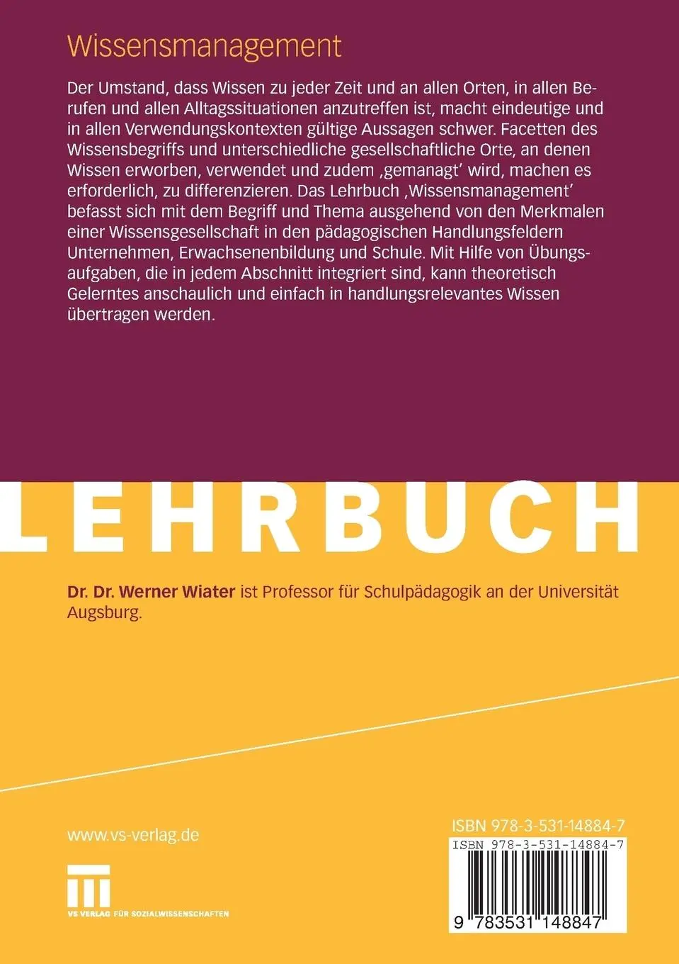 Rückseite: 9783531148847 | Wissensmanagement | Eine Einführung für Pädagogen | Werner Wiater | ix