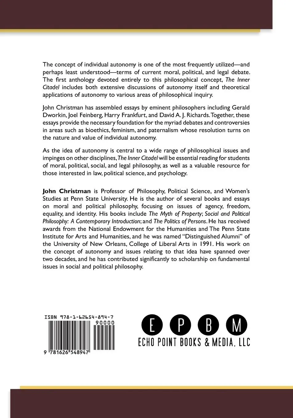 Rückseite: 9781626548947 | The Inner Citadel | Essays on Individual Autonomy | John Christman