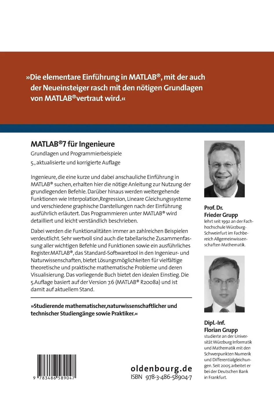 Rückseite: 9783486589047 | MATLAB 7 für Ingenieure | Grundlagen und Programmierbeispiele | Buch