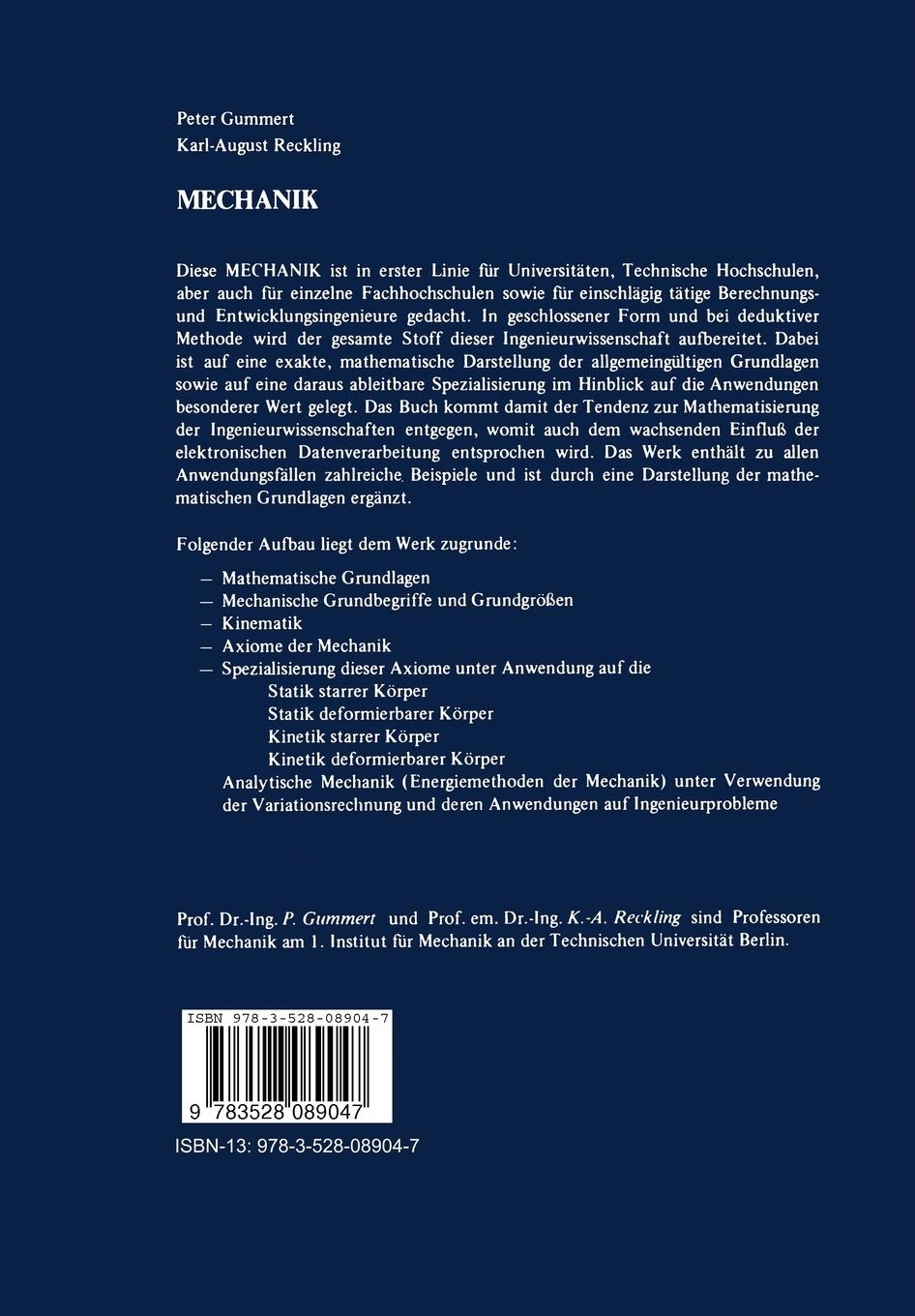 Rückseite: 9783528089047 | Mechanik | Peter Gummert | Taschenbuch | 773 S. | Deutsch | 1986