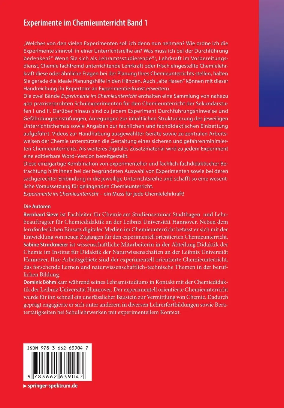 Rückseite: 9783662639047 | Experimente im Chemieunterricht Band 1 | Bernhard Sieve (u. a.) | Buch