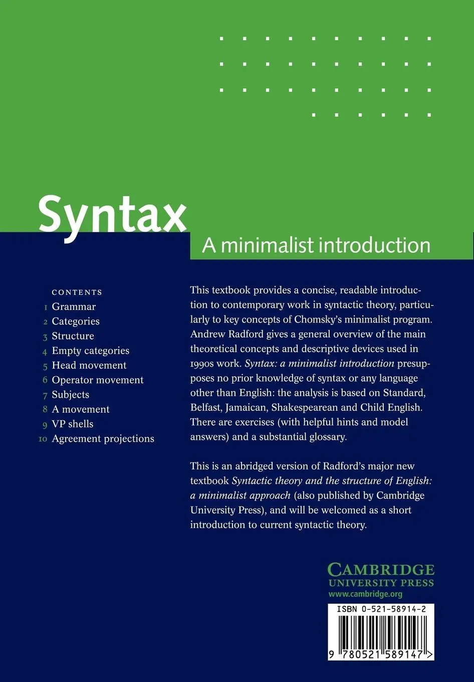 Rückseite: 9780521589147 | Syntax | A Minimalist Introduction | Andrew Radford | Taschenbuch