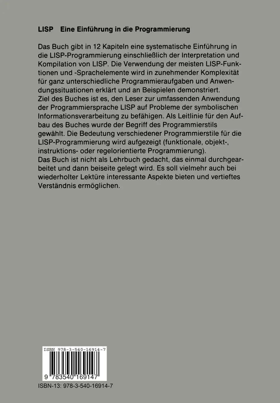 Rückseite: 9783540169147 | LISP | Eine Einführung in die Programmierung | Günter Görz (u. a.)