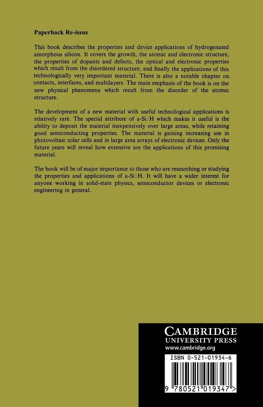 Rückseite: 9780521019347 | Hydrogenated Amorphous Silicon | R. A. Street | Taschenbuch | Englisch