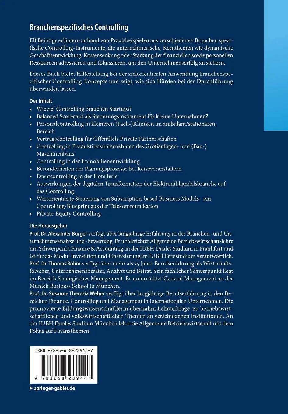 Rückseite: 9783658289447 | Branchenspezifisches Controlling | Alexander Burger (u. a.) | Buch