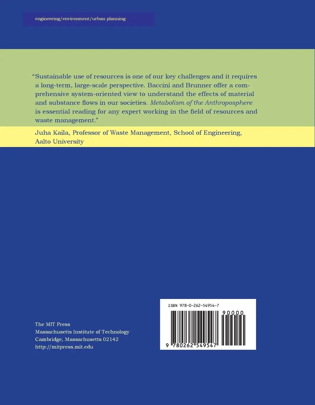 Rückseite: 9780262549547 | Metabolism of the Anthroposphere, second edition | Baccini (u. a.)