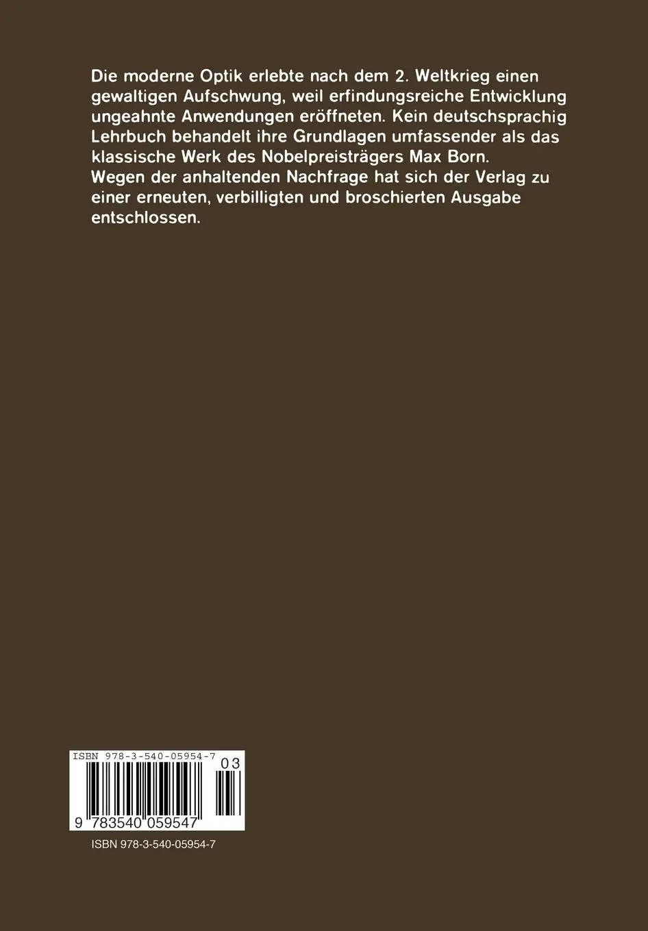 Rückseite: 9783540059547 | Optik | Ein Lehrbuch der elektromagnetischen Lichttheorie | Max Born