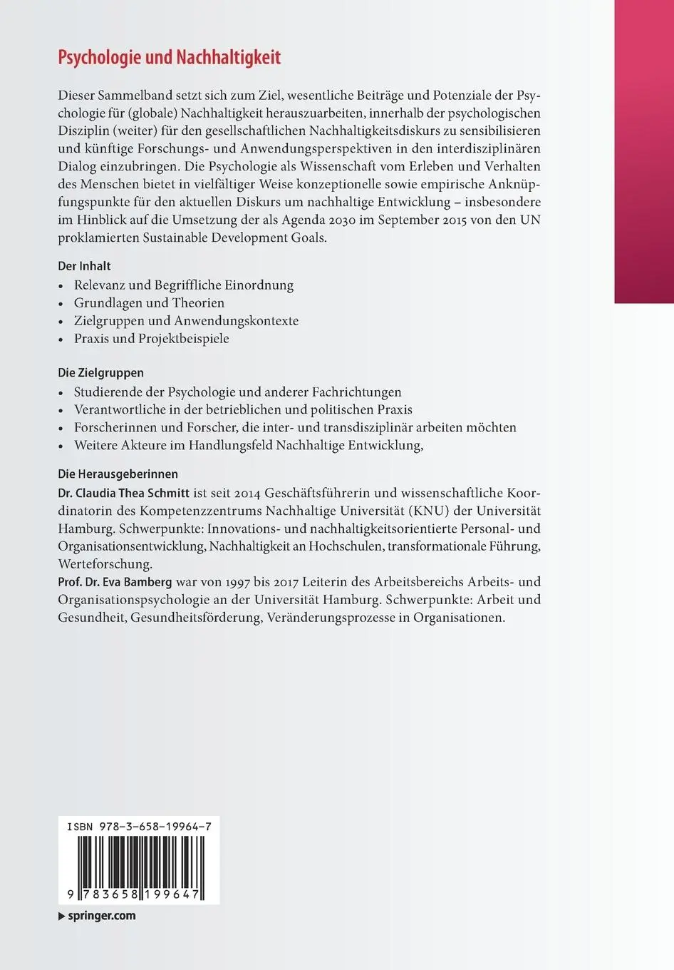 Rückseite: 9783658199647 | Psychologie und Nachhaltigkeit | Eva Bamberg (u. a.) | Taschenbuch
