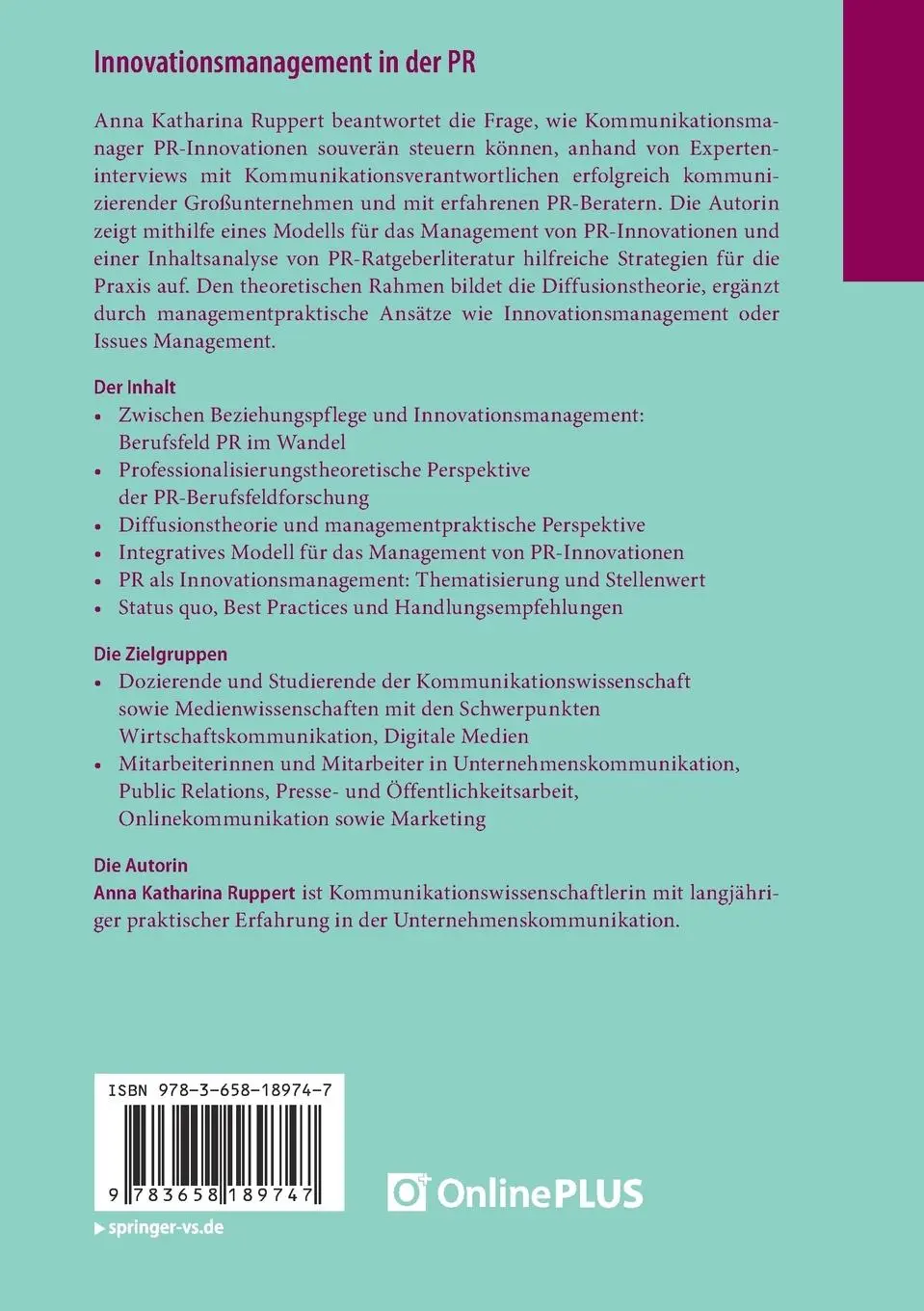 Rückseite: 9783658189747 | Innovationsmanagement in der PR | Anna Katharina Ruppert | Taschenbuch