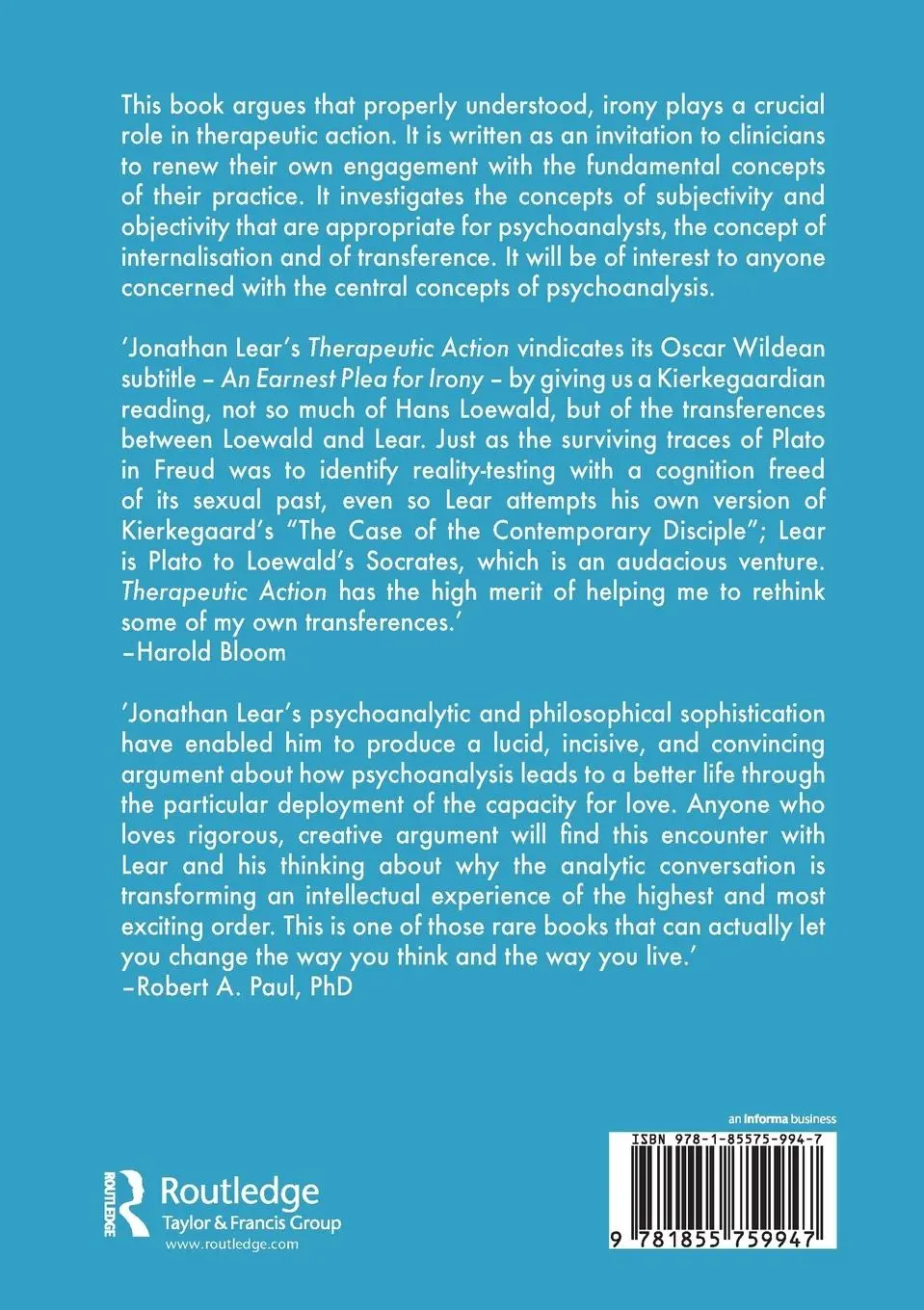 Rückseite: 9781855759947 | Therapeutic Action | An Earnest Plea for Irony | Jonathan Lear | Buch
