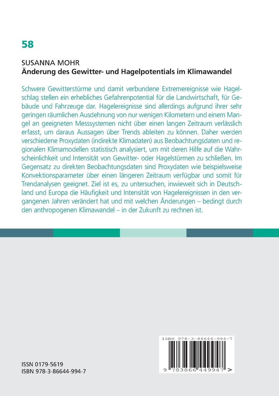 Rückseite: 9783866449947 | Änderung des Gewitter- und Hagelpotentials im Klimawandel | Mohr