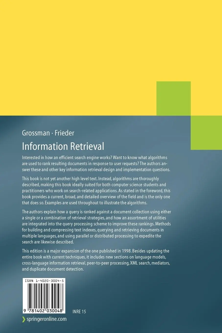 Rückseite: 9781402030048 | Information Retrieval | Algorithms and Heuristics | Frieder (u. a.)