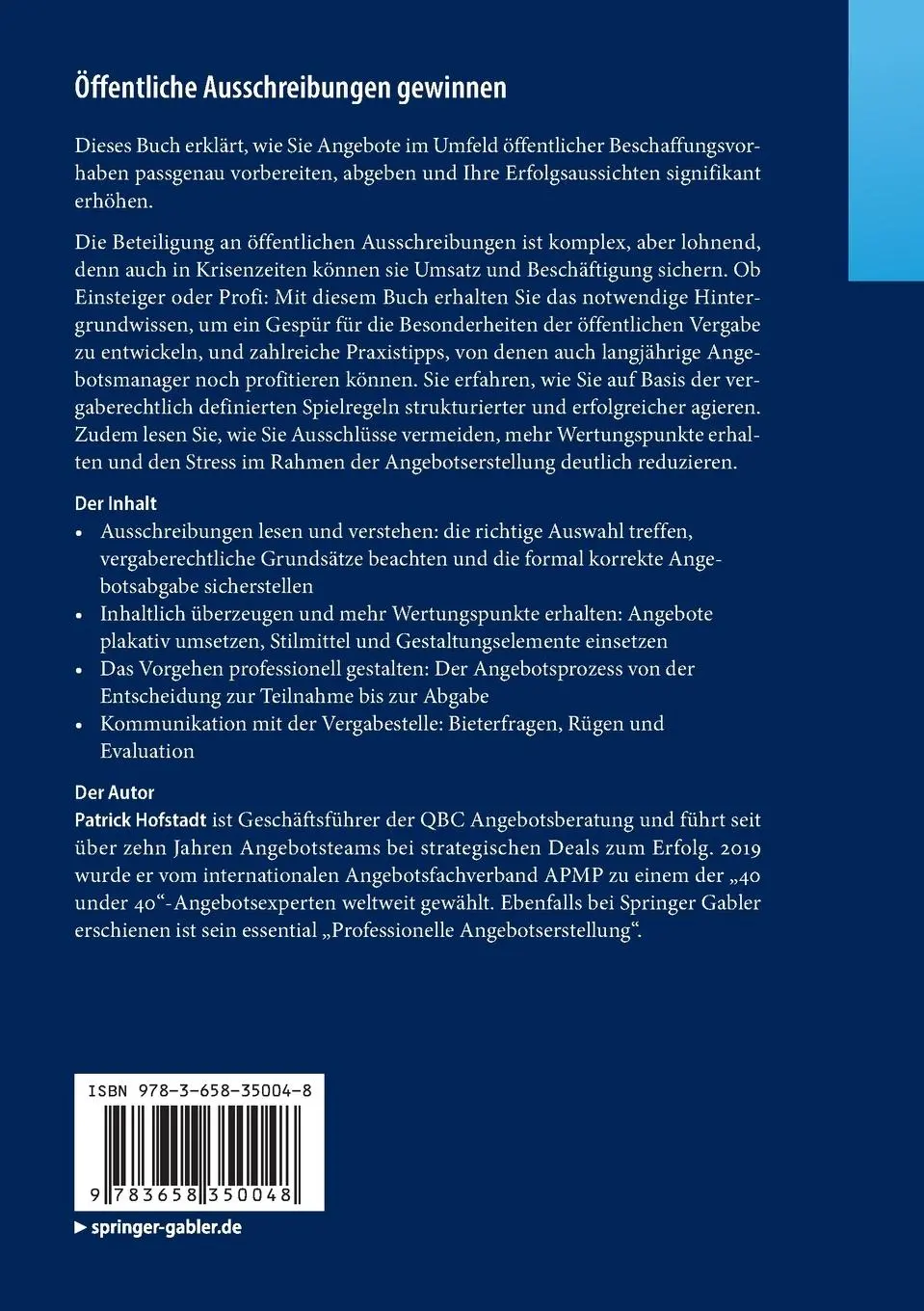 Rückseite: 9783658350048 | Öffentliche Ausschreibungen gewinnen | Patrick Hofstadt | Taschenbuch