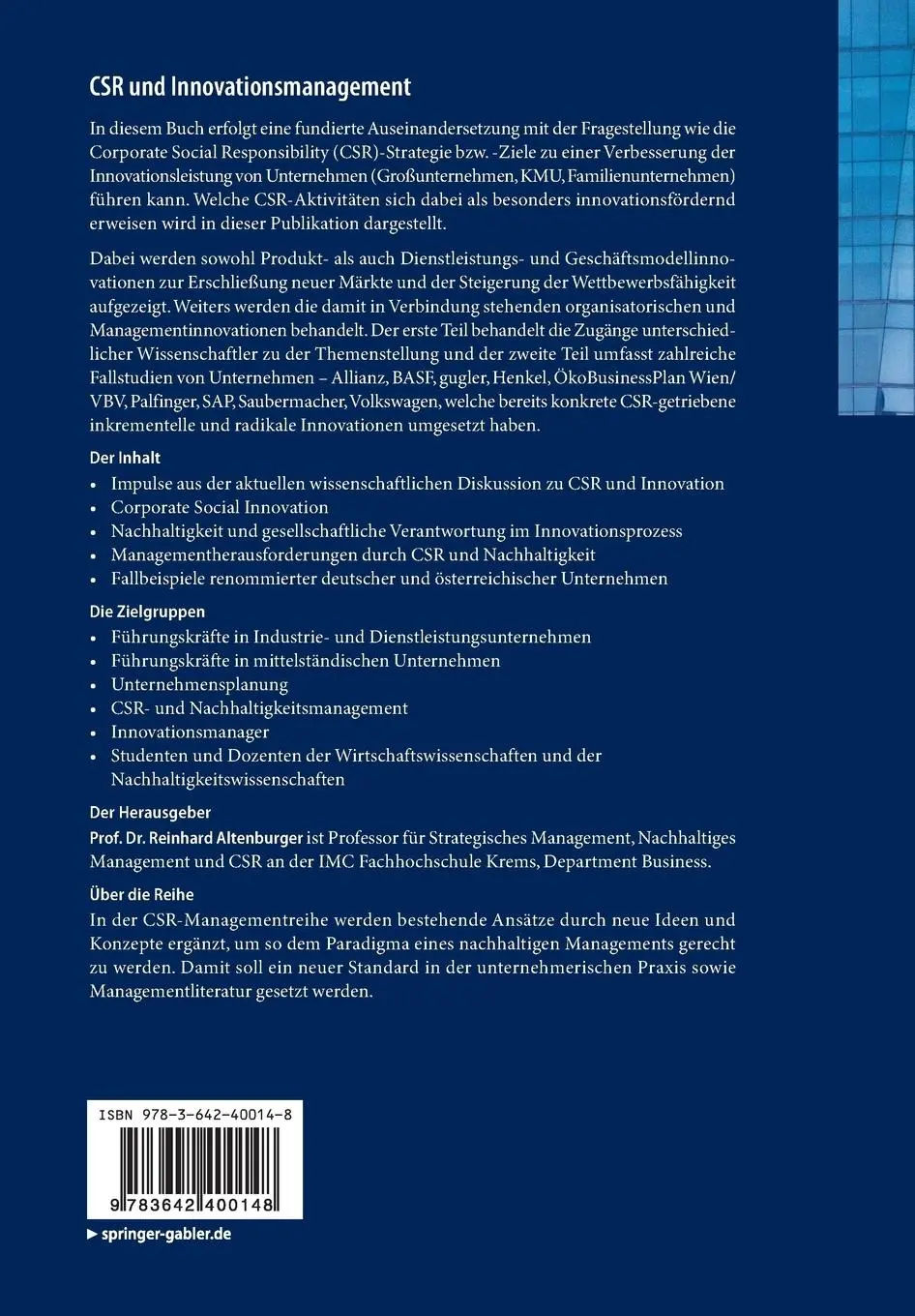 Rückseite: 9783642400148 | CSR und Innovationsmanagement | Reinhard Altenburger | Taschenbuch