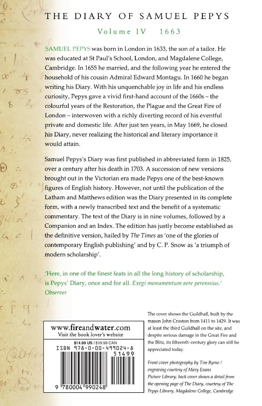 Rückseite: 9780004990248 | The Diary of Samuel Pepys | Volume IV - 1663 | Samuel Pepys | Buch
