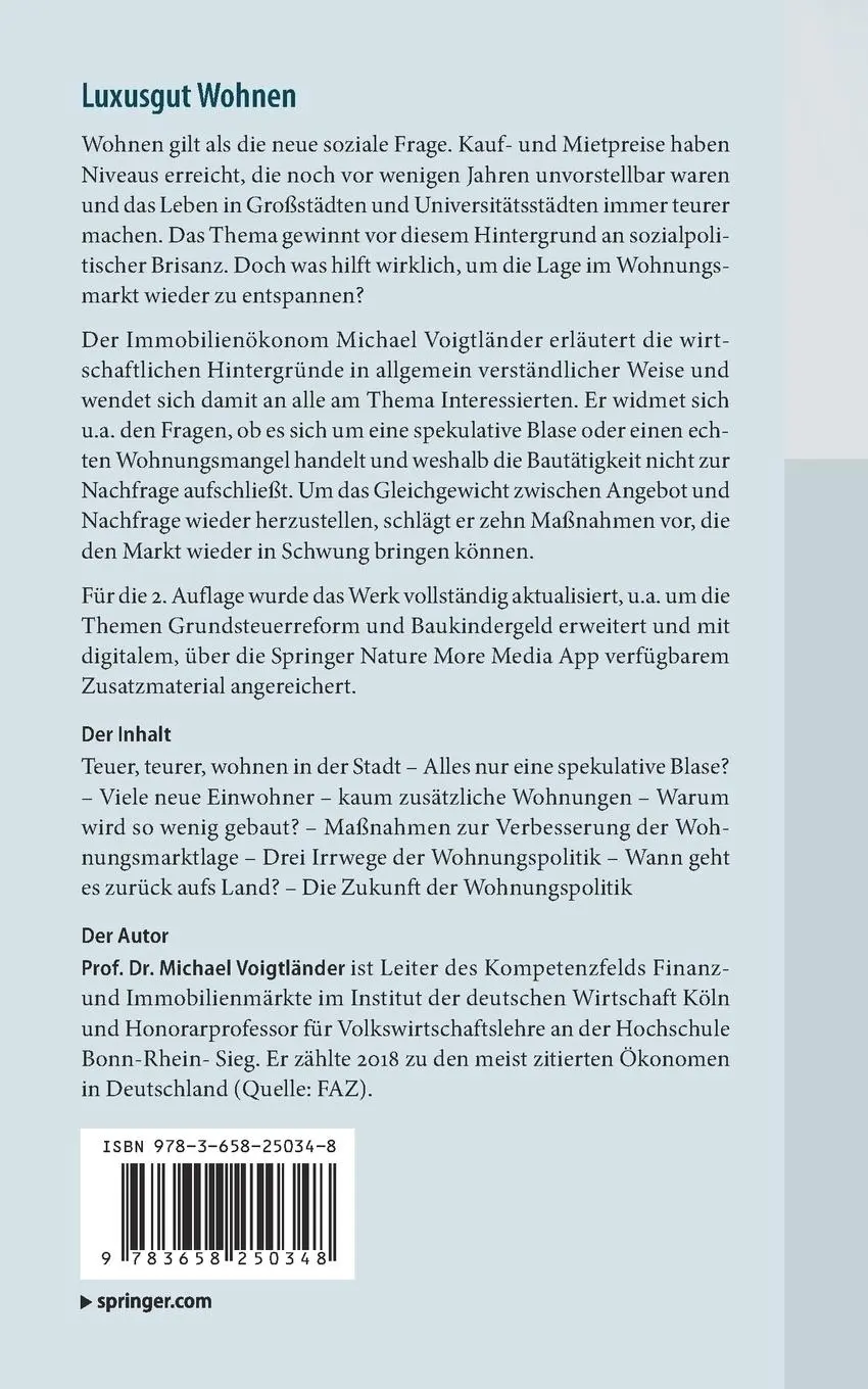Rückseite: 9783658250348 | Luxusgut Wohnen | Michael Voigtländer | Taschenbuch | xvii | Deutsch