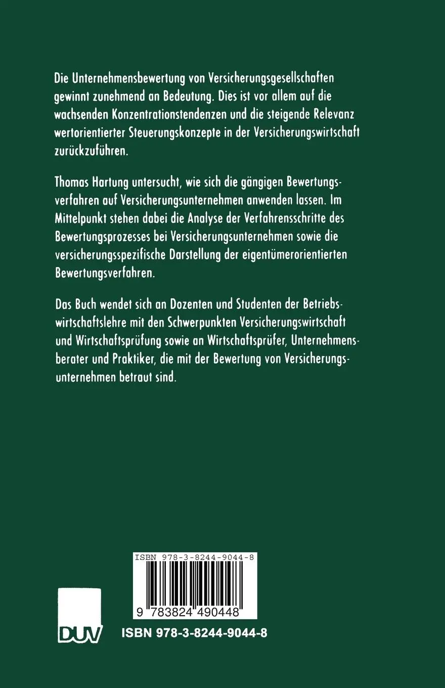 Rückseite: 9783824490448 | Unternehmensbewertung von Versicherungsgesellschaften | Thomas Hartung
