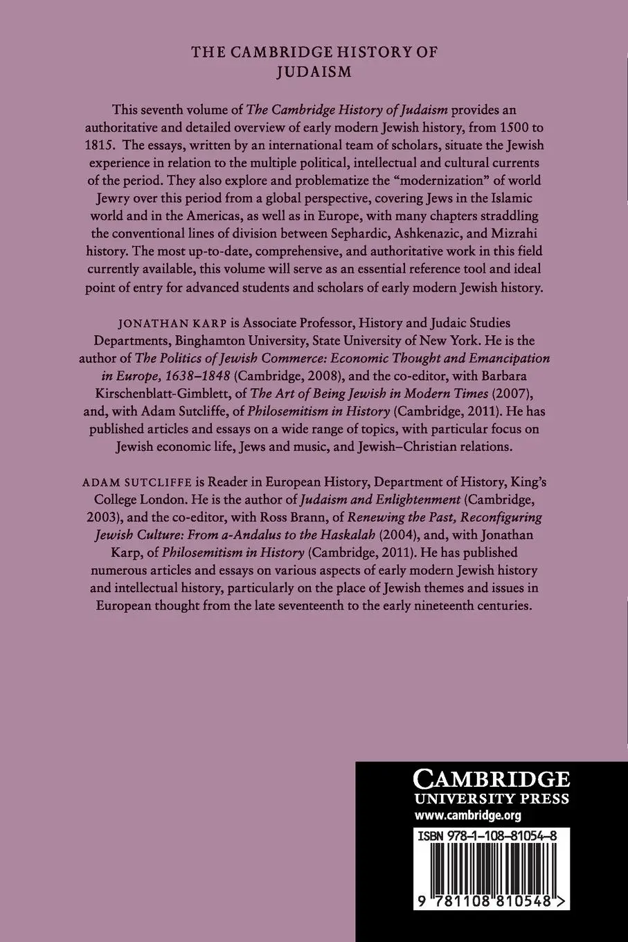 Rückseite: 9781108810548 | The Cambridge History of Judaism | Jonathan Karp (u. a.) | Taschenbuch