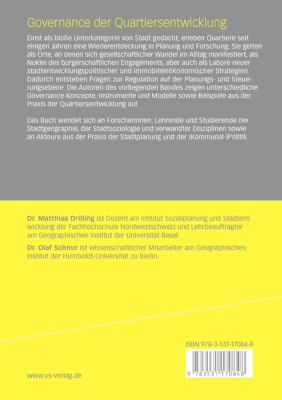 Rückseite: 9783531170848 | Governance der Quartiersentwicklung | Olaf Schnur (u. a.) | Buch