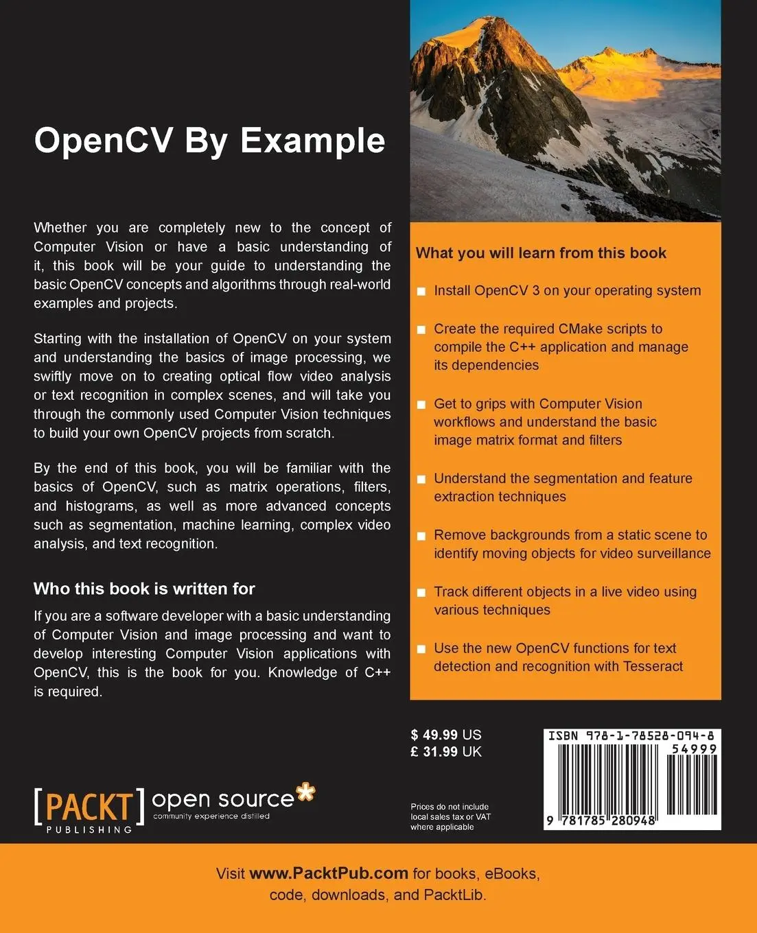 Rückseite: 9781785280948 | OpenCV By Example | Prateek Joshi (u. a.) | Taschenbuch | Englisch