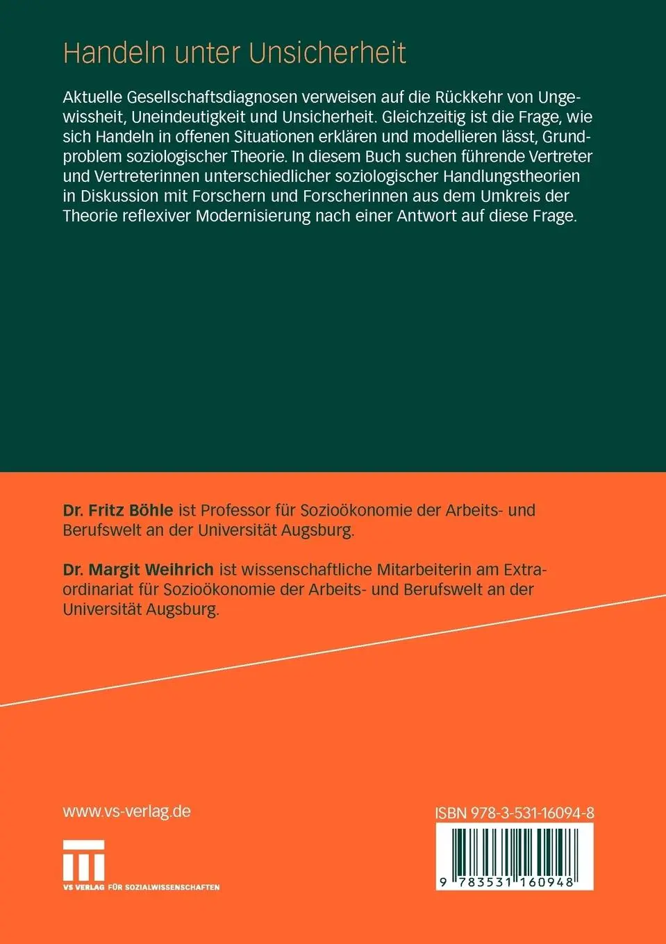 Rückseite: 9783531160948 | Handeln unter Unsicherheit | Margit Weihrich (u. a.) | Taschenbuch