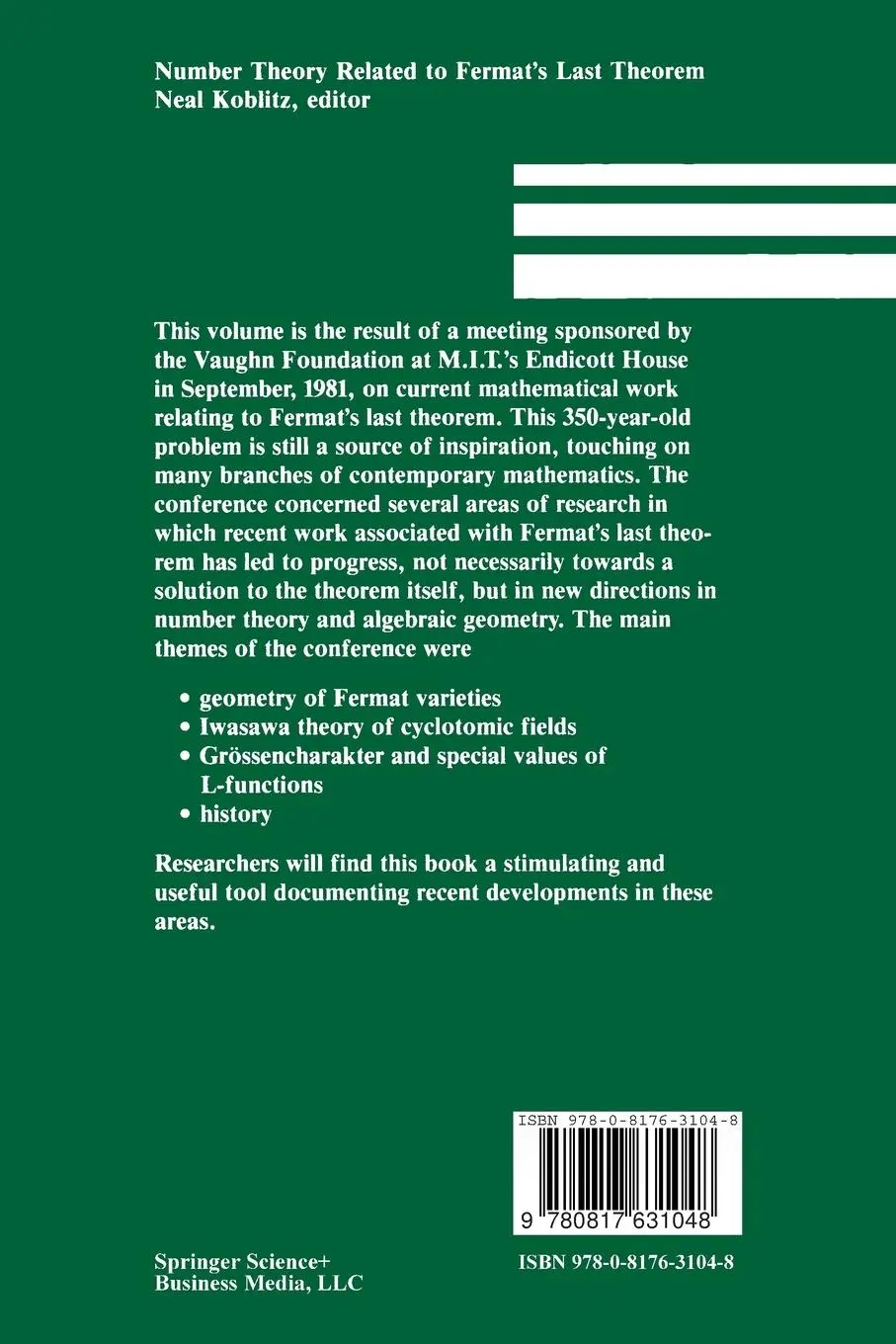 Rückseite: 9780817631048 | Number Theory Related to Fermat's Last Theorem | Koblitz | Taschenbuch