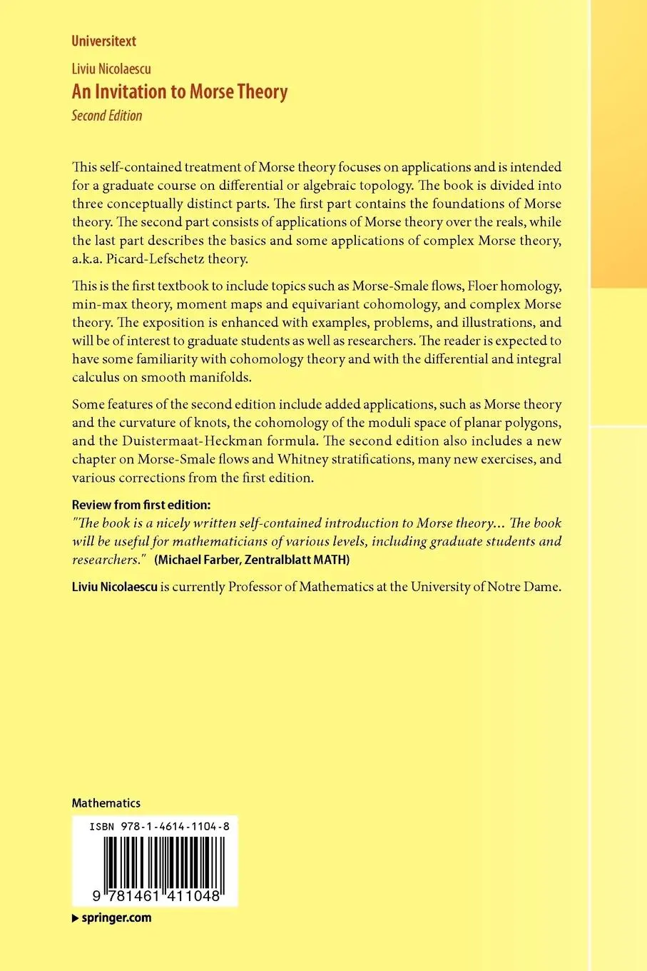 Rückseite: 9781461411048 | An Invitation to Morse Theory | Liviu Nicolaescu | Taschenbuch | xvi