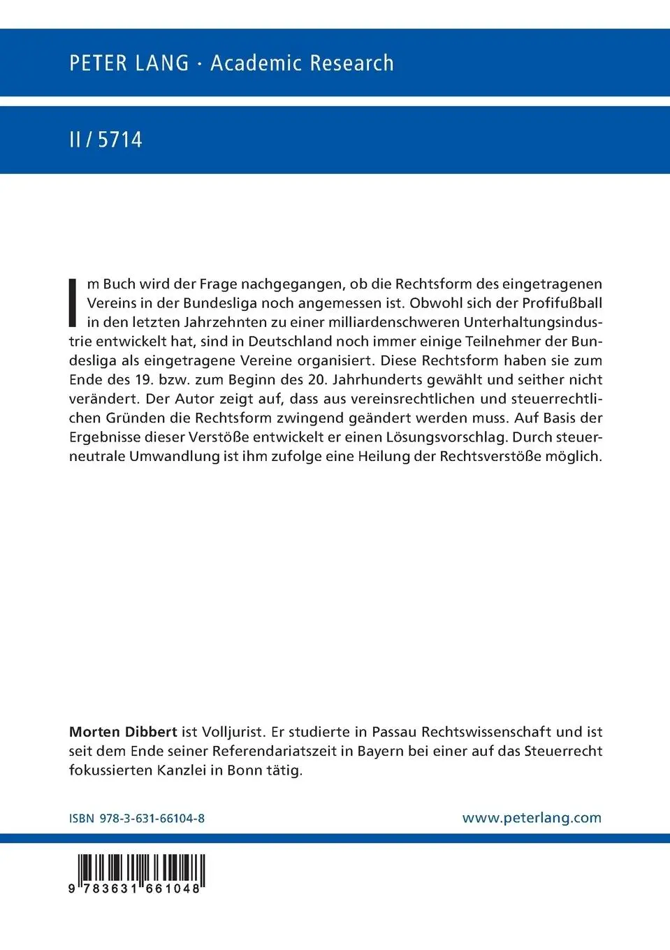 Rückseite: 9783631661048 | Der Sportverein im Vereins- und Steuerrecht | Morten Dibbert | Buch