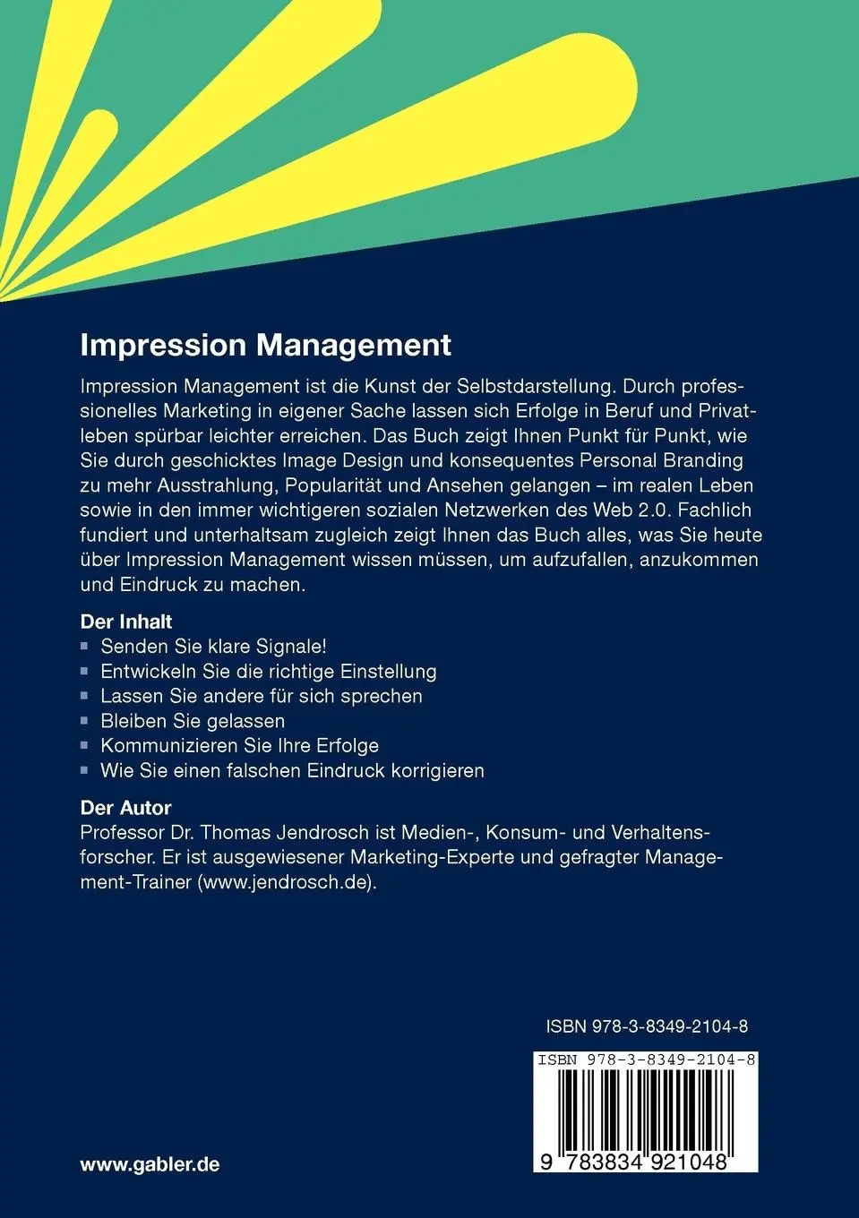 Rückseite: 9783834921048 | Impression Management | Professionelles Marketing in eigener Sache