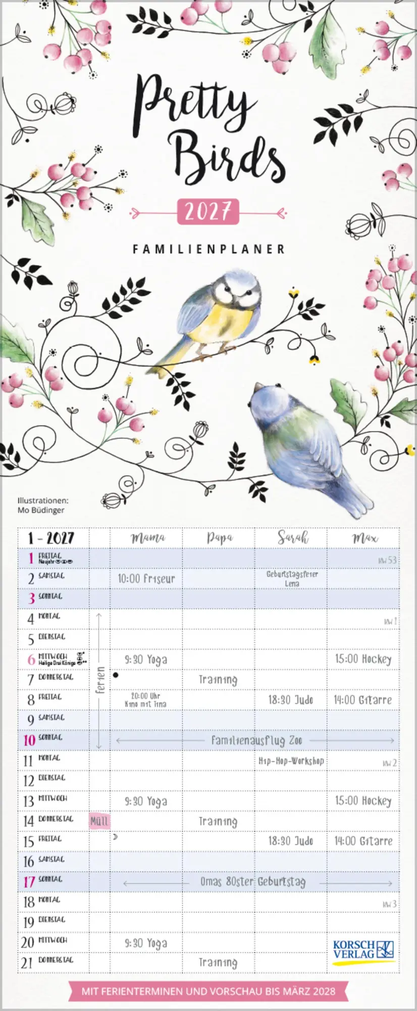 Cover: 9783819301148 | Familienplaner Pretty Birds 2027 | Verlag Korsch | Kalender | 14 S.