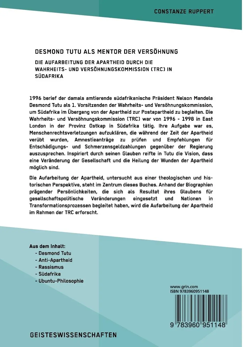 Rückseite: 9783960951148 | Desmond Tutu als Mentor der Versöhnung. Die Aufarbeitung der...