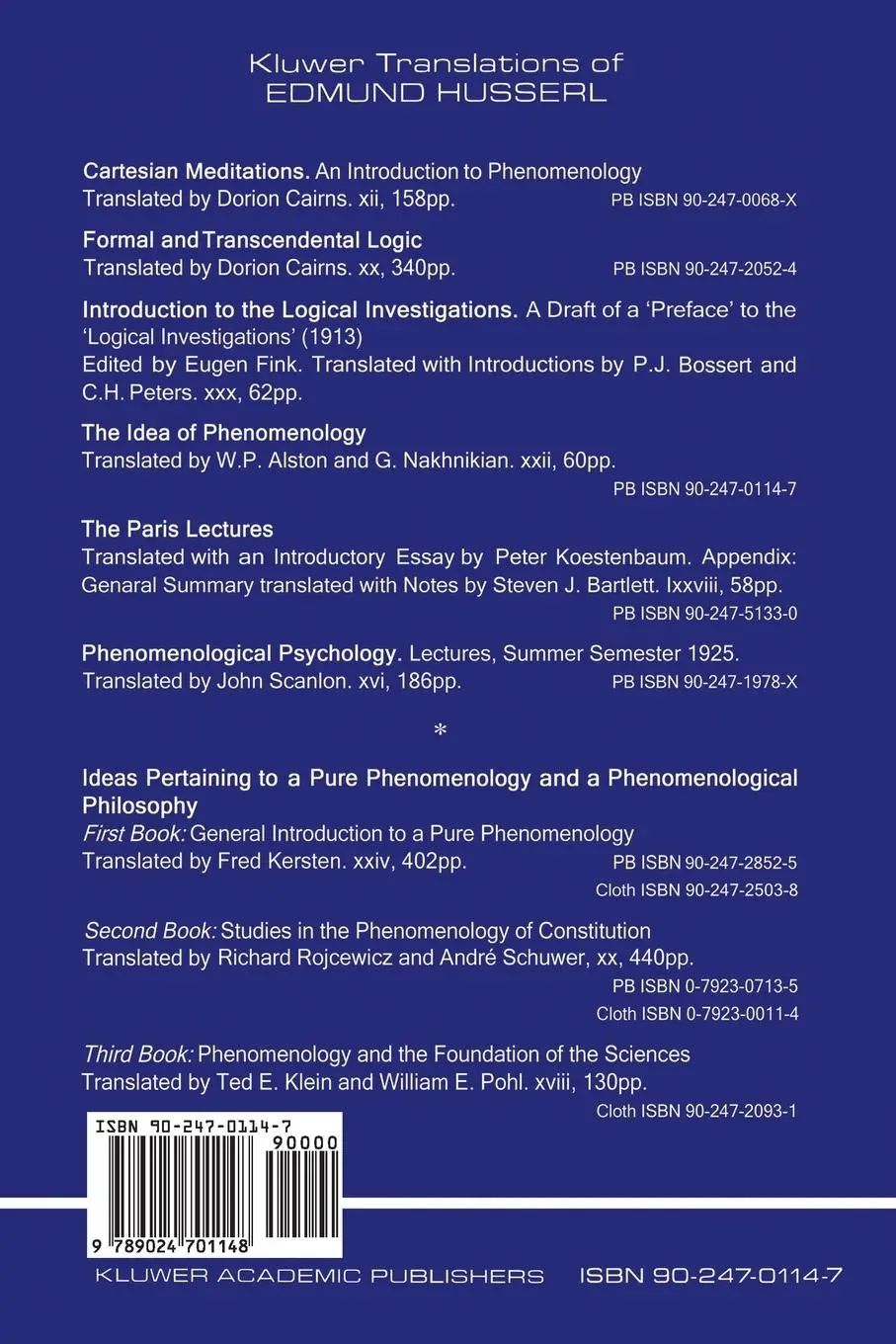 Rückseite: 9789024701148 | The Idea of Phenomenology | Edmund Husserl | Taschenbuch | xxiv | 1980