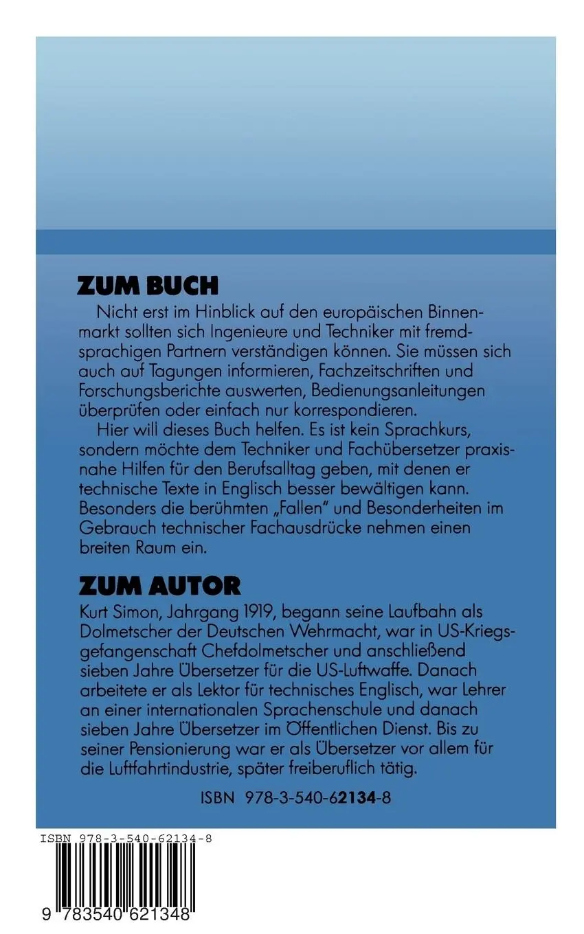 Rückseite: 9783540621348 | Technisches Englisch | Kurt Simon | Taschenbuch | x | Deutsch | 1990