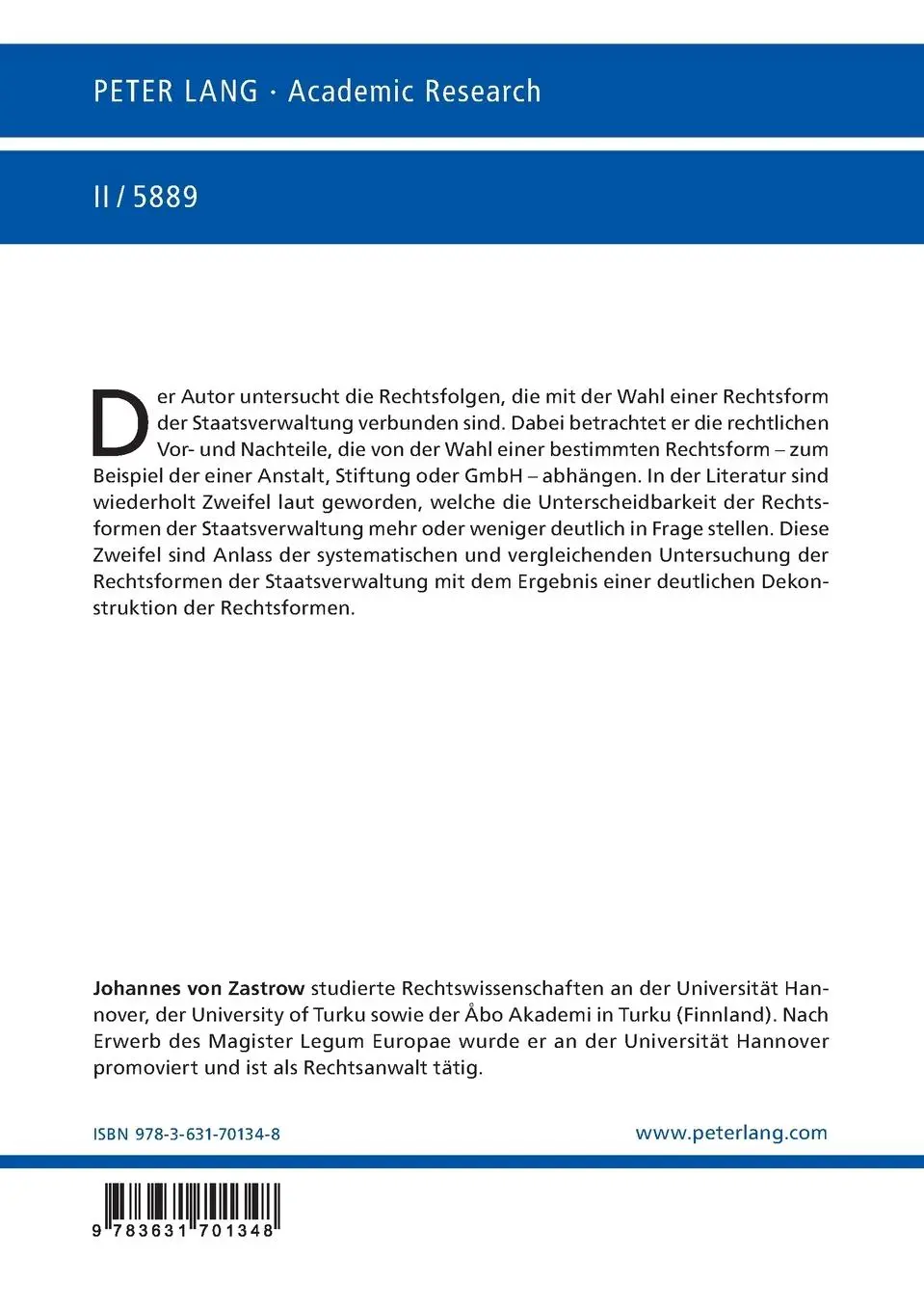 Rückseite: 9783631701348 | Rechtsformen der Staatsverwaltung - eine Dekonstruktion | Zastrow