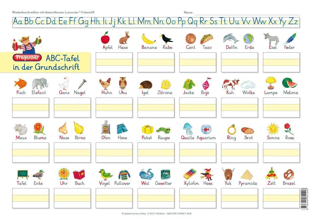 Rückseite: 9783940811448 | Fragenbär-Lerntafel: ABC-Tafel in der Grundschrift, 32 x 22,5 cm