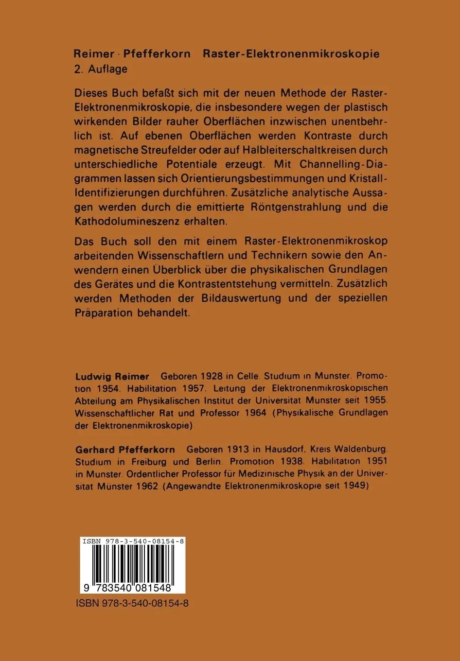Rückseite: 9783540081548 | Raster-Elektronenmikroskopie | G. Pfefferkorn (u. a.) | Taschenbuch