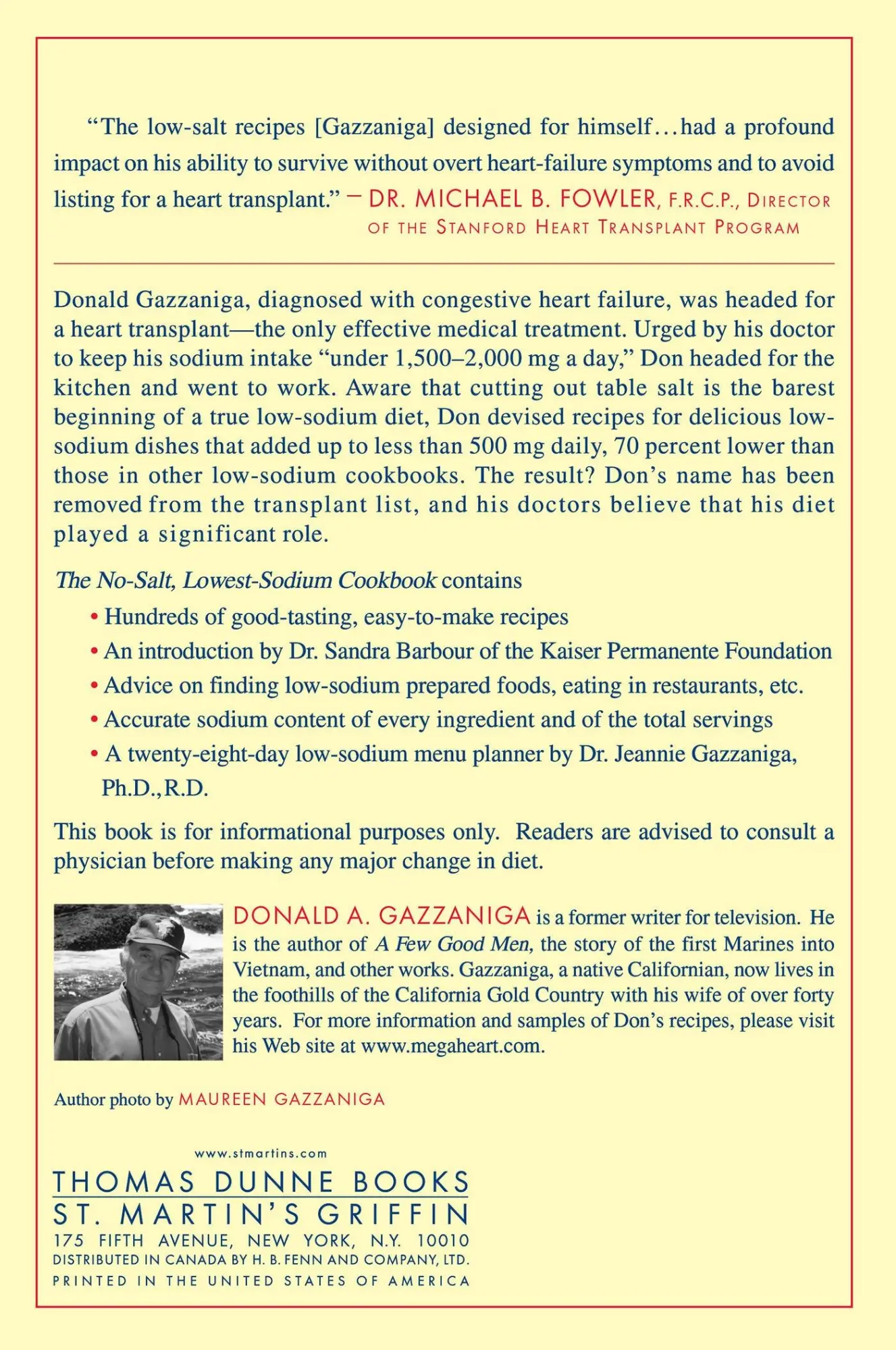 Rückseite: 9780312291648 | The No-Salt, Lowest-Sodium Cookbook | Donald A Gazzaniga | Taschenbuch