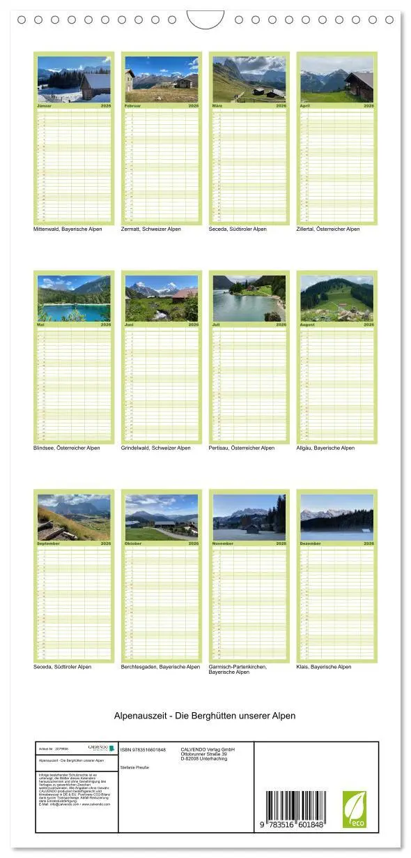 Bild: 9783516601848 | Familienplaner 2026 - Alpenauszeit - Die Berghütten unserer Alpen...