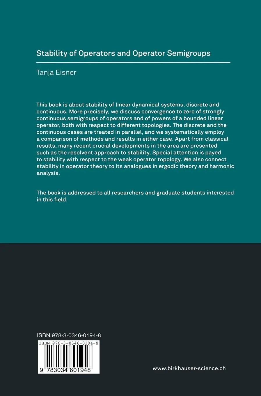 Rückseite: 9783034601948 | Stability of Operators and Operator Semigroups | Tanja Eisner | Buch