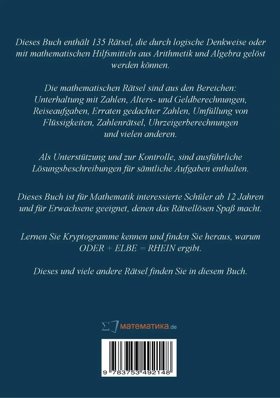 Rückseite: 9783753492148 | Unterhaltsame mathematische Denksportaufgaben | Aufgaben und Lösungen